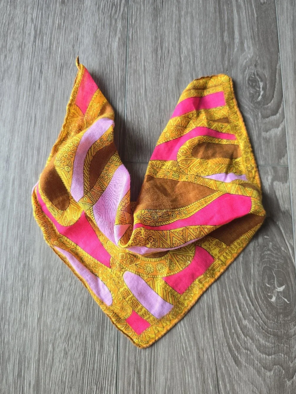 Vintage Square Scarf 60s Mod Psychedelic Pink Purple Gold Abstract Neckerchief